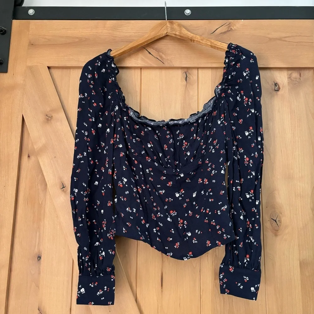 REFORMATION Matteo Long Sleeve Top Navy Floral Size 8 Blouse